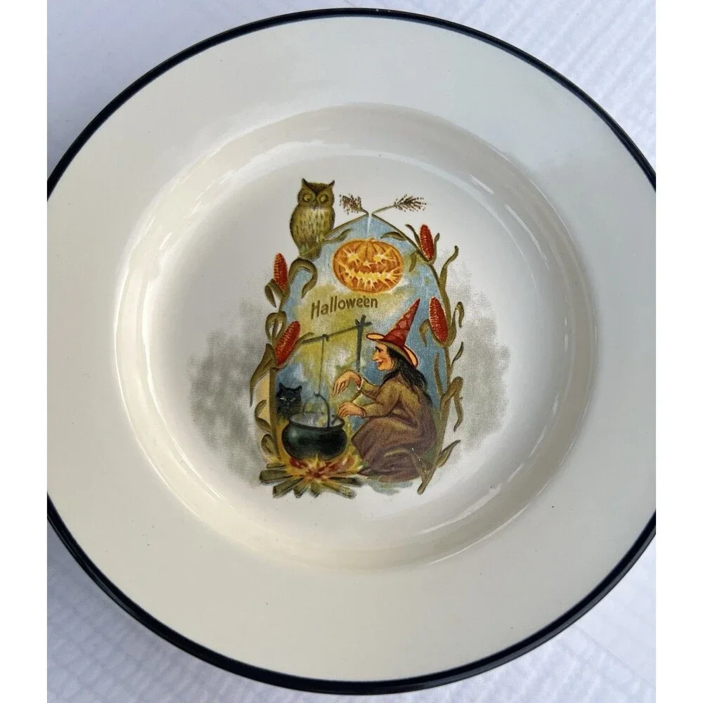 Vintage Style World Market Halloween Witch Cauldron Owl Cat Ceramic Plate